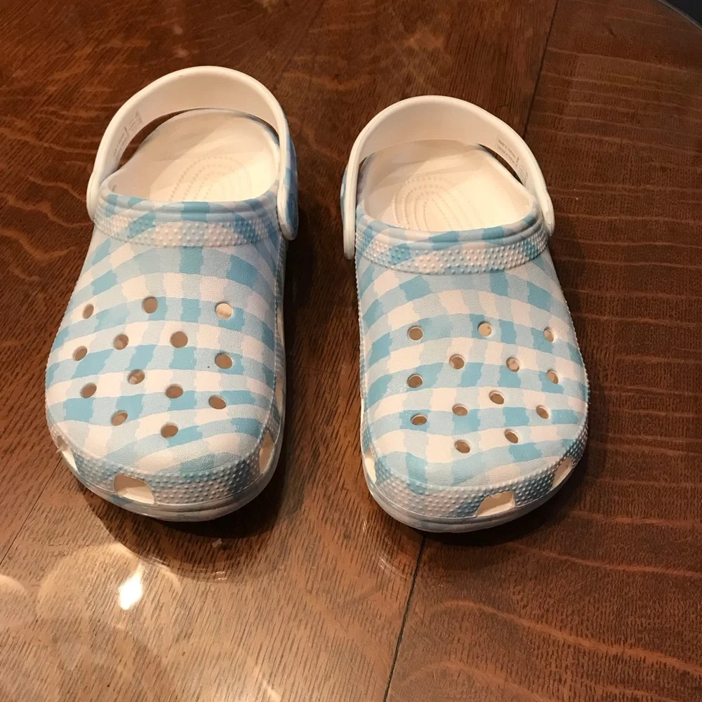 CROCS Kids Gingham Clogs in Light Blue and White